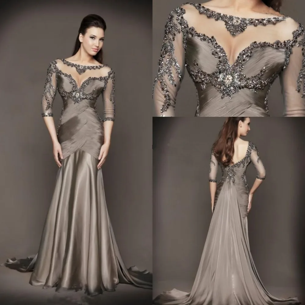 

New Collection Illusion Mermaid Evening Dresses Formal Gowns With Half Sleeves Backless Jewel Transparent Neckline Beading Sexy