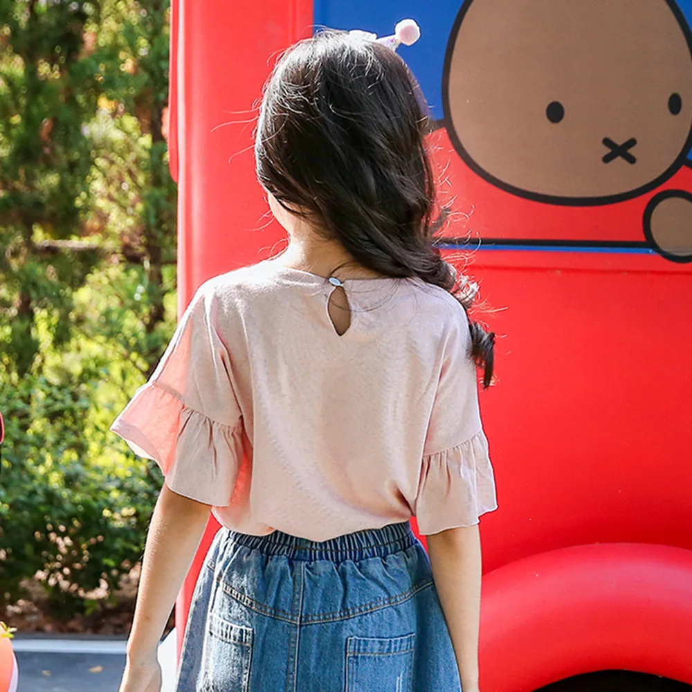 Jual Gadis T shirt Pendek Musim Panas Katun Mencetak Gadis Tanduk Lengan T shirt Solid O Leher Pink Anak Perempuan T shirt untuk 6 8 10 Tahun