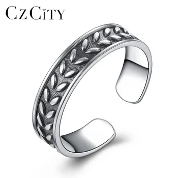 

CZCITY Solid 100% 925 Sterling Silver Open Rings For Women Leaves Vintage Female Adjustable Ring Fashion Jewellery Free Shipping