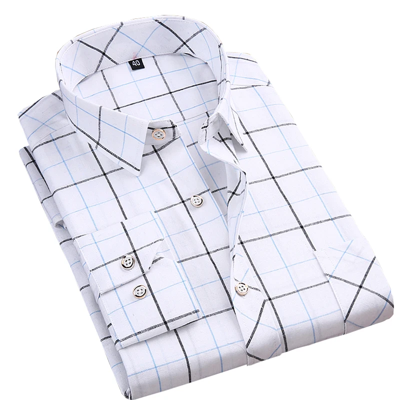 الربيع جديد كم طويل نوعية جيدة ملابس رجالي تلائم الرجل النحيف عارضة قمصان مربعة النقش الأزياء لينة مربع طوق الأعمال الذكور الترفيه قمم