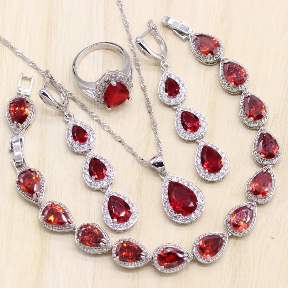 Капли воды Красный кубический цирконий 925 пробы серебряные Ювелирные наборы для женщин кольцо/серьги/кулон/ожерелье/браслет