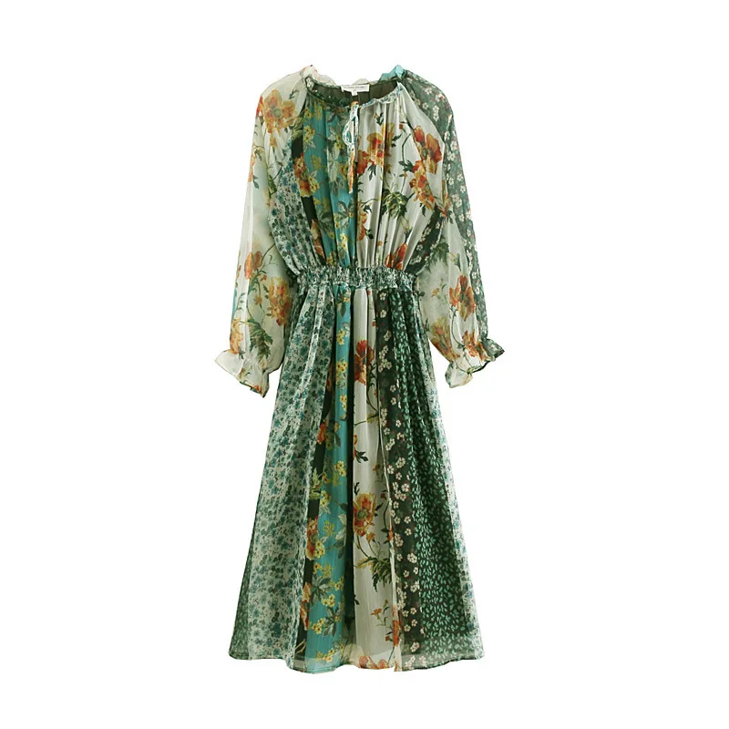 

QZ608 Women autumn fashion patchwork floral print chiffon dress ladies retro long sleeve slim waist dresses vestidos
