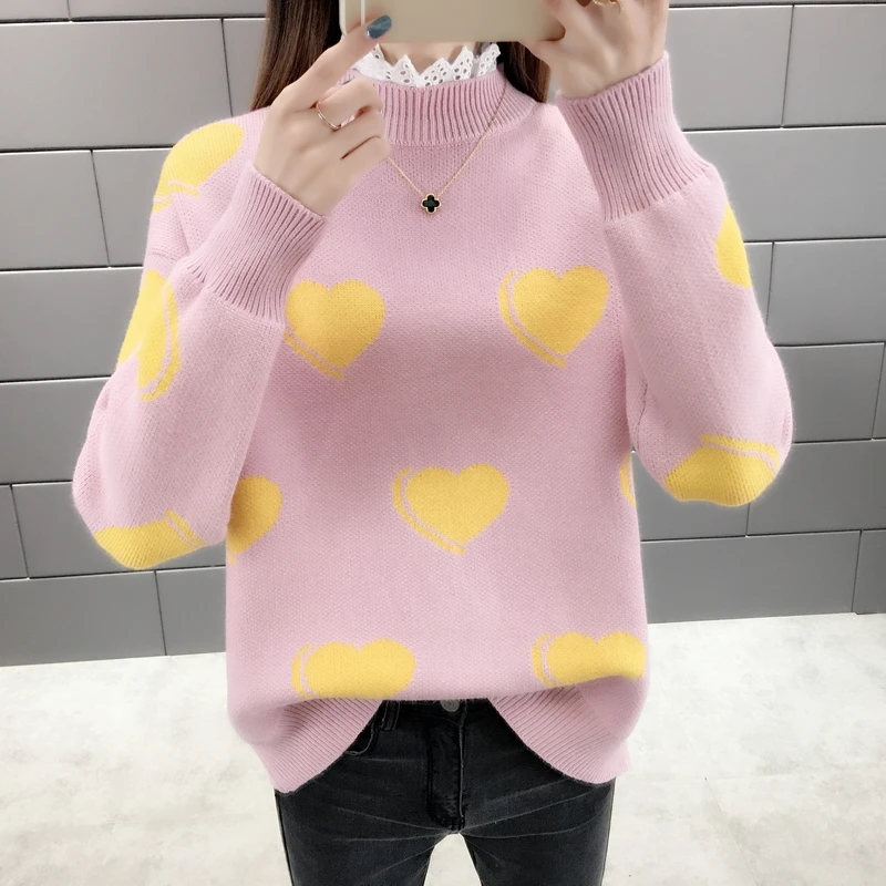 Loose Casual Women Knitted Sweater Autumn Winter Ladies O-neck Tops Pullover Korean Christmas Sweaters Hearts Knitwear Red | Женская