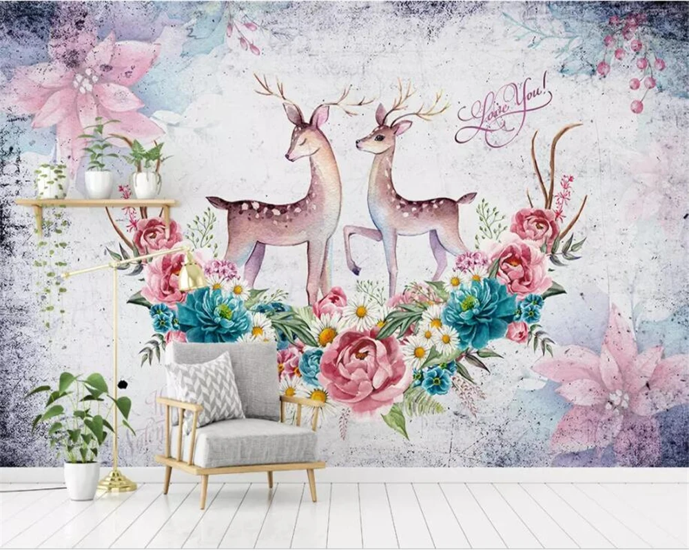 

Customize any size 3d wallpaper watercolor Art deer head flower children's room kindergarten decoration 3d wallpaper