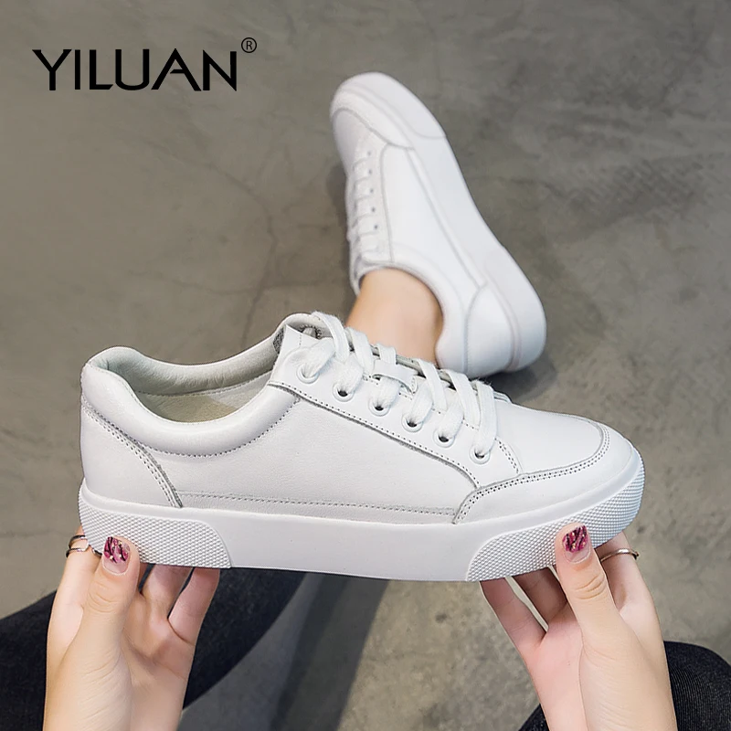 Yiluan Genuine Leather White Shoes Female 2020 Spring Wild Flat Strap Casual Shoes Fashion Sneakers Single Shoes Women Student|Women