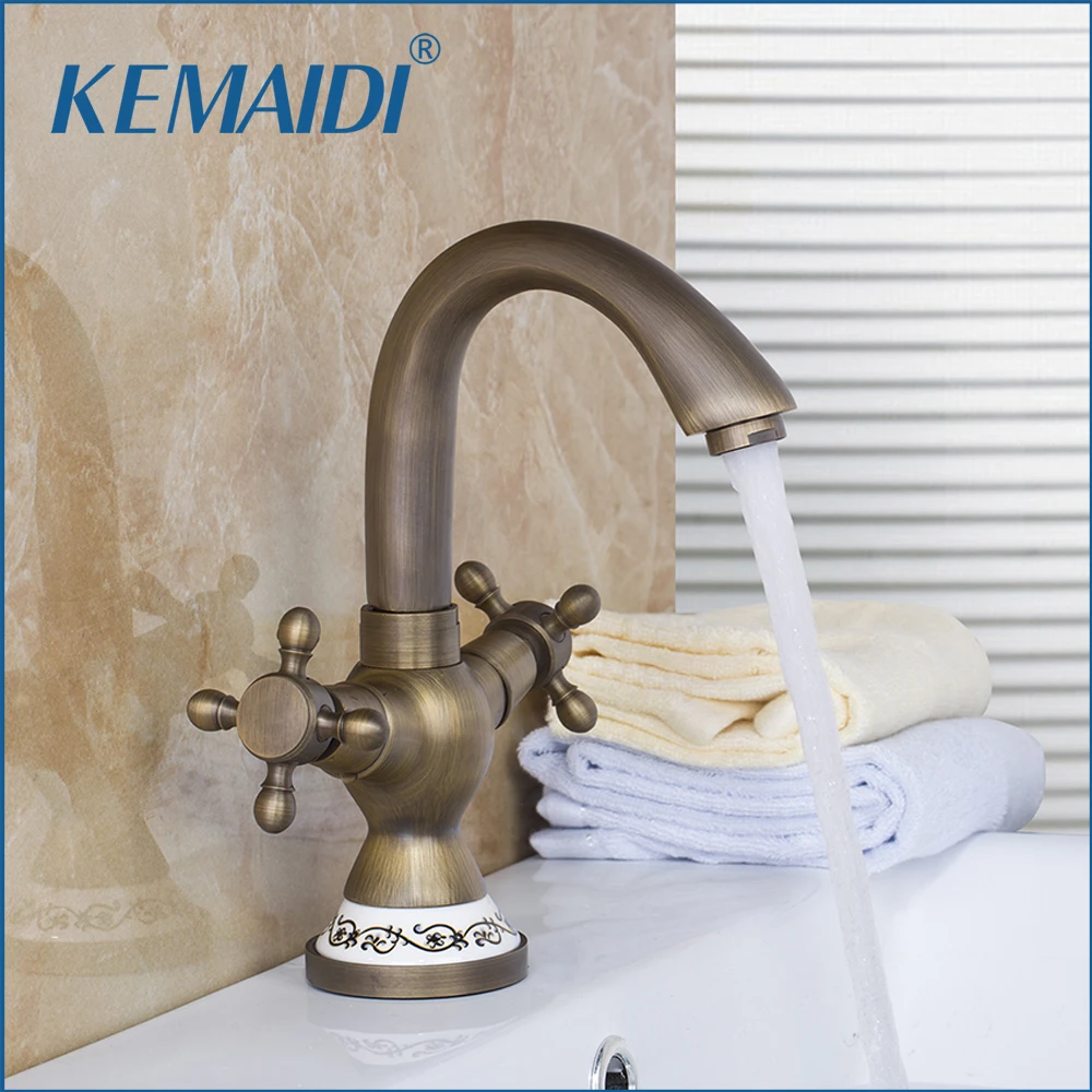 

KEMAIDI High Quality Double Handle Basin Faucet Antique Brass Banheiro Bathroom Sink Torneira Tap Mixer Deck Mounted