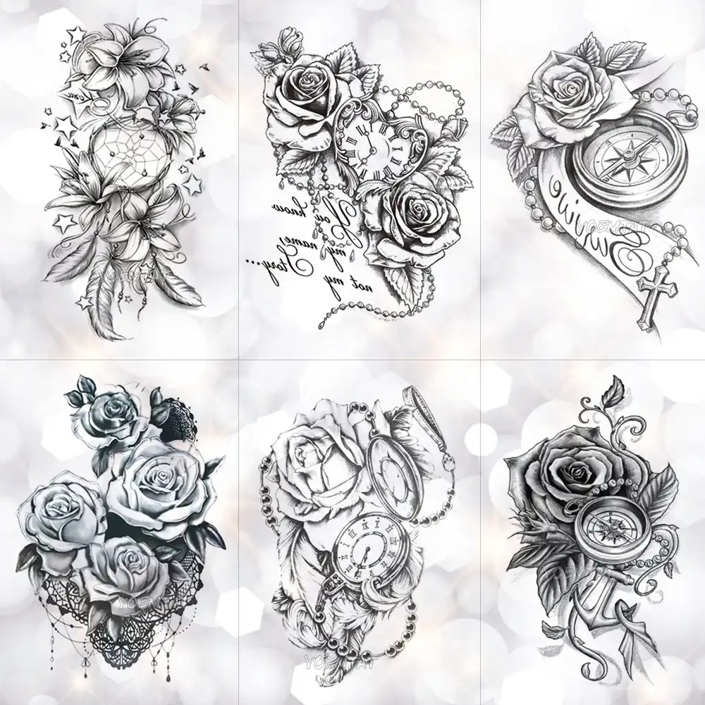 Rose Lace Crystal Clock Waterproof Temporary Tattoo Sticker Star Lily Feather Flash Tattoos Body Art Arm Fake Tatoo