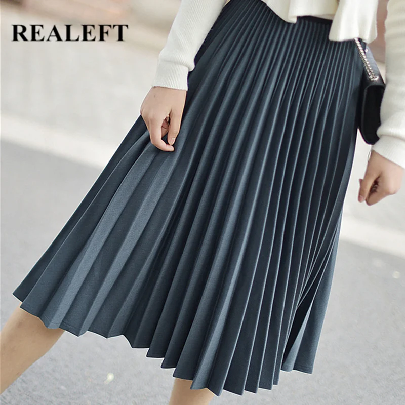 

REALEFT 2019 New Arrival Spring Women Elegant Solid Pleated Midi Skirts Soft High Waist Knee-Length Chic Skirts for Womens