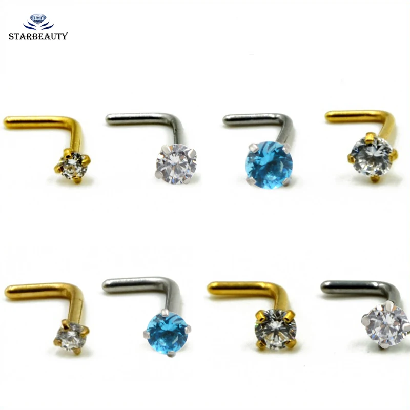 

1 Pieces Import Zircon 3mm Gem Nose Stud Piercing Anodized L Shape Gold Silver Color Nose Ring Prong CZ Nose Jewelry 20g