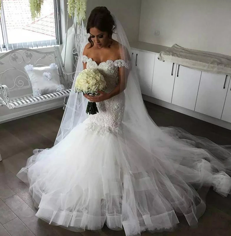off the Shoulder Wedding Gown V Neck Backless Mermaid Dress Lace Appliques Bride Beads vestido de noiva | Свадьбы и торжества