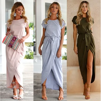 

2019 New Fashion Women's Solid Color Anti-sleeve Flat Dress Strap Sexy Fashion Irregular Dress