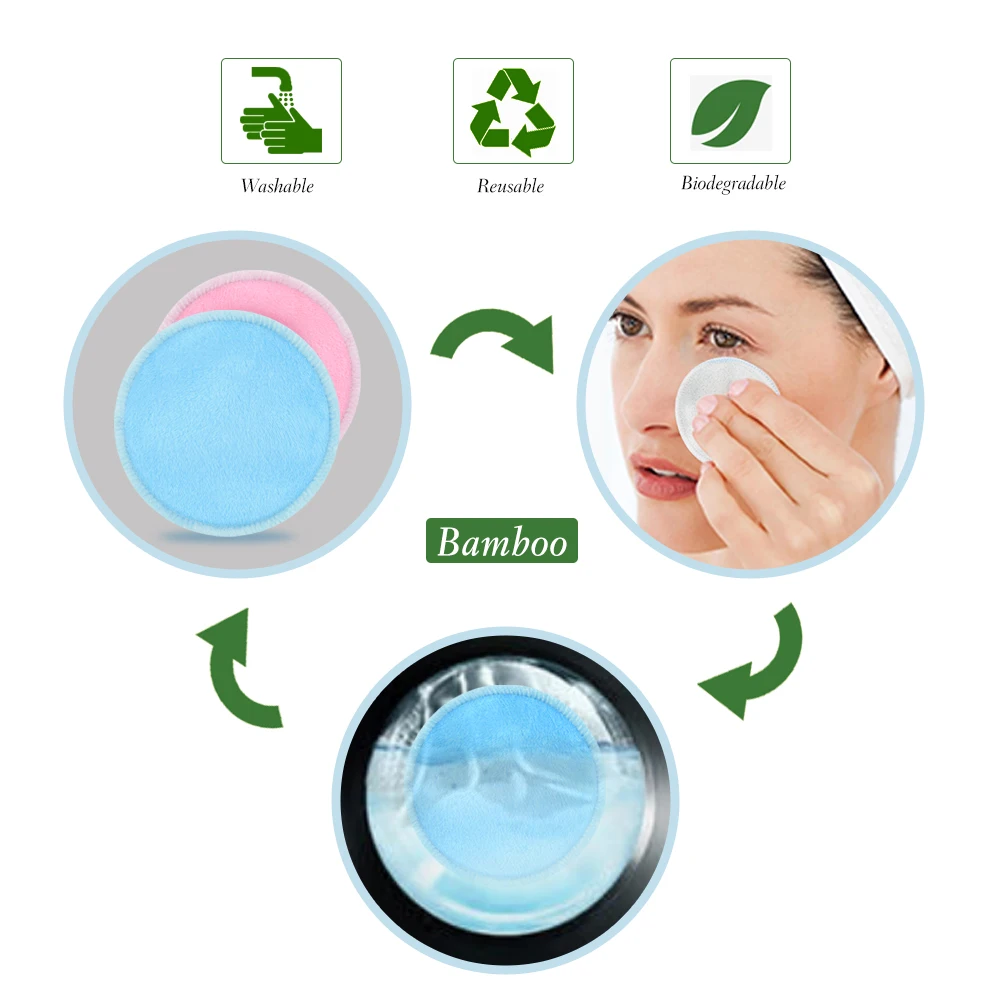 Tampon en coton en bambou lavable à 3 couches Tampons démaquillants réutilisables Tampons d'essuyage pour le visage Tampons de toner nettoyants pour la peau avec sac à linge (9)