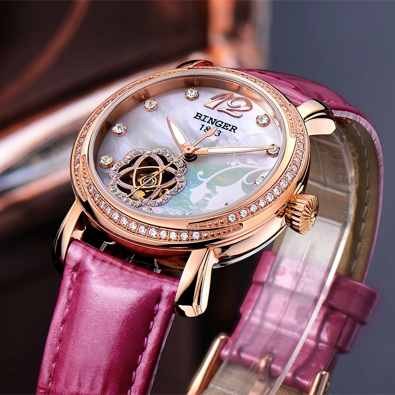 Japan MIYOTA Automatic Watches BINGER Brand Women Mechanical Watch Female Form Queen Series Rose Gold Waterproof Diamond