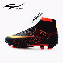 MAULTBY hombres Negro Naranja de Alta Tobillo Suela AG Cornamusas Botas de Fútbol Zapatos de Fútbol Al Aire Libre Cleats # SS3008B