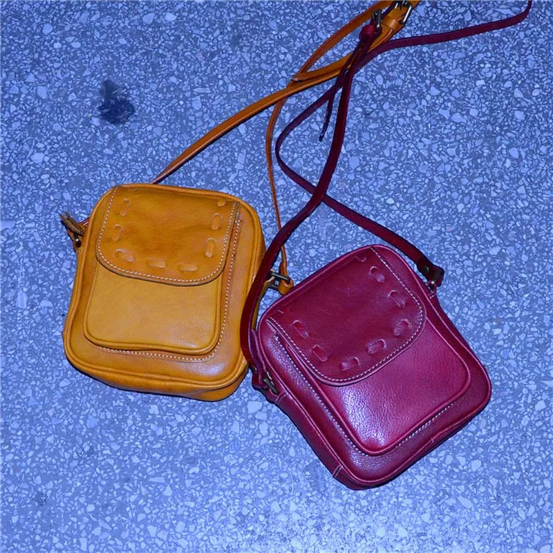 Literary Fan Leather Bags Vegetable Mink Handmade Pouch Tree Cream Retro Square Ba