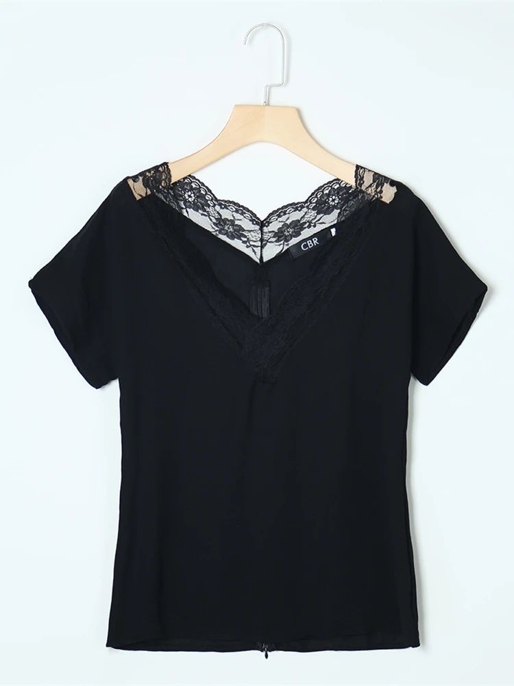 Летняя женская Элегантная черная Базовая футболка Женская стильная безрукавка короткий рукав v-образный вырез Кружевная вставка Повседневный Топ