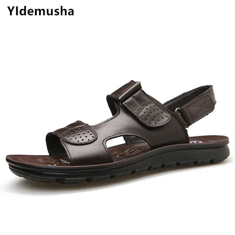 

YIdemusha 2019 New Summer Men Genuine Leather Sandals Open Toe Slip On Fashion Casual Shoes Men Men Slippers Roman Beach Sandals