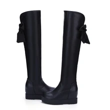 Новые красивые женские непромокаемые сапоги женские зимние ботинки с бантиком, Женская Винтажная обувь на каблуке, увеличивающая рост женские сапоги до колена