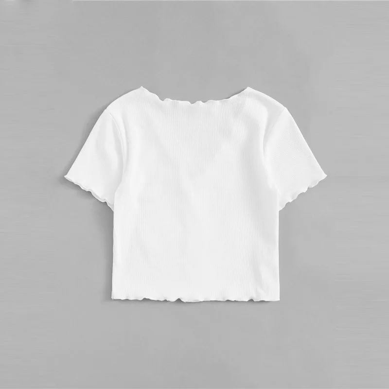 SweatyRocks белая однобортная ребристая футболка для женщин летняя уличная одежда Boho короткие футболки повседневные топы с v-образным вырезом