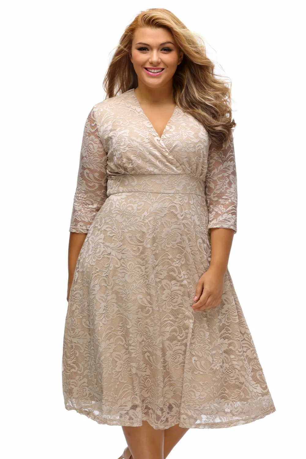 Summer Big Size Dress Apricot Plus Size Surplice Lace Formal Skater
