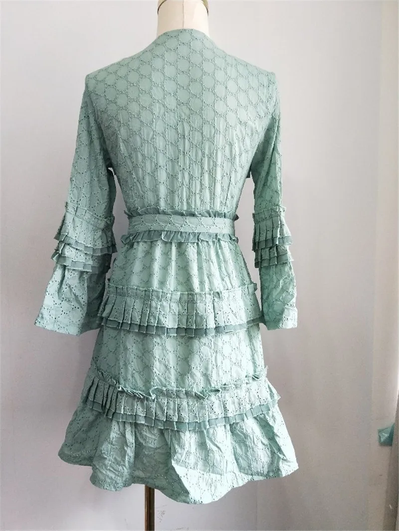 Высокое качество vestidos mujer сексуальные женские открытые глубокий v-образный вырез с расклешенными рукавами с рюшами мятно-зеленого цвета женское Короткое платье халат Femme
