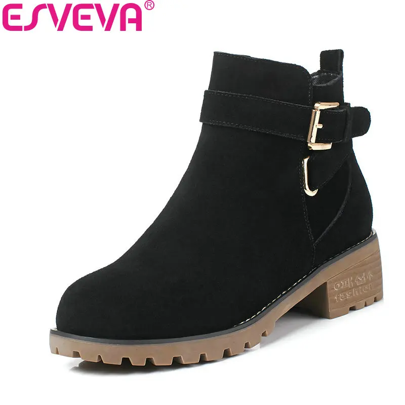 

ESVEVA 2018 Women Boots Decoration Buckle Short Plush PU Cow Suede Round Toe Med Heel Ankle Boots Slim Look Boots Size 34-40