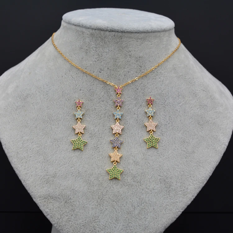 

Simple and lovely color star necklace earrings set, high quality zircon, ladies jewelry