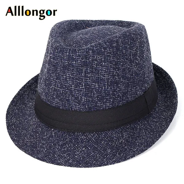 Осень, Зимняя мужская шляпа-федора, черная, sombrero, Fedora hombre, Ретро стиль, Дерби, джаз, шляпа, Трилби, красная - Цвет: Синий