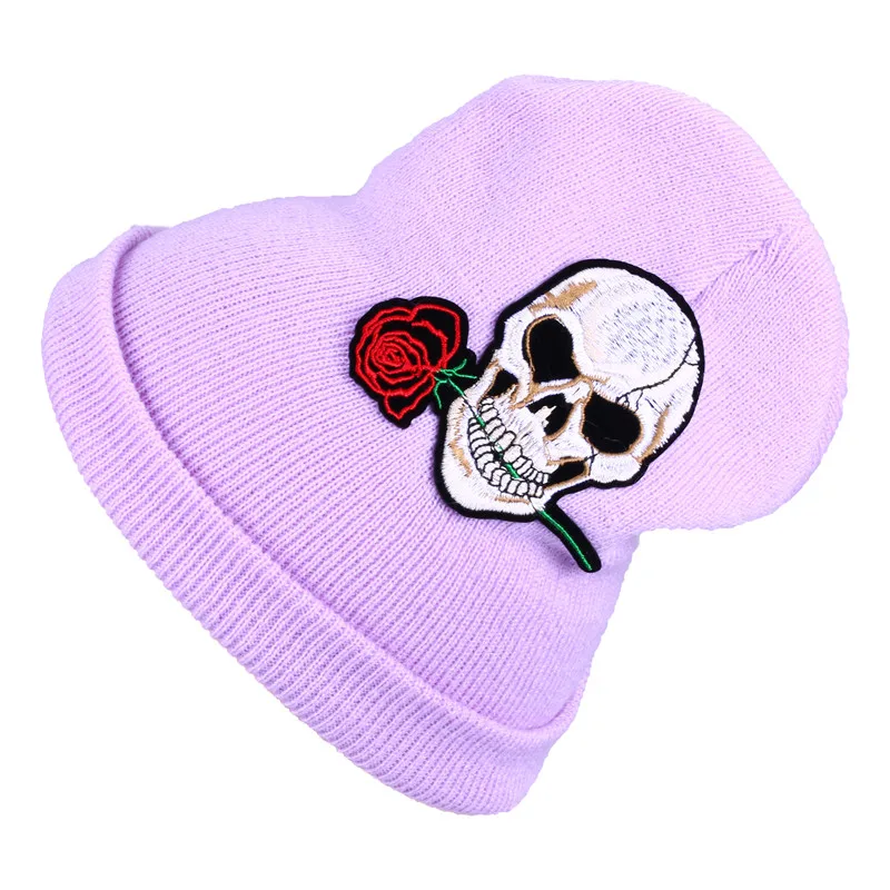 CRUOXIBB Мужская и женская теплая зимняя шапка вязаные шапки для девочек с черепом и красной розой шапка осень-зима модные шапочки Повседневные вязаные шапки s - Цвет: light purple