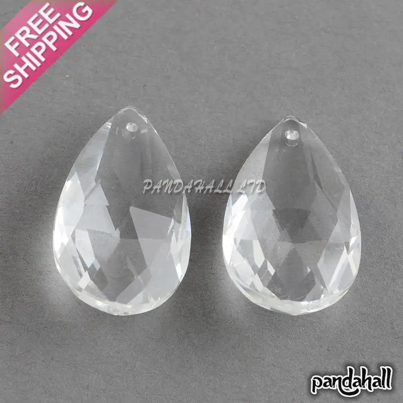 Faceted Drop Transparent Glass Pendants, Clear, 28x17x9mm, Hole 1.5mm
