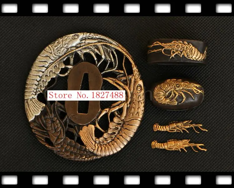 Japanese TOP Quality Brass Samurai Sword Shrimp Design Tsuba Katana Handgaurd Accessories W/TSUBA+FUCHI+KASHIRA+MENUKI | Дом и сад