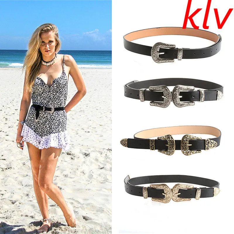 

KLV Women Fashion Vintage Metal Waistband Waist Band Belt Double Buckle Accessory
