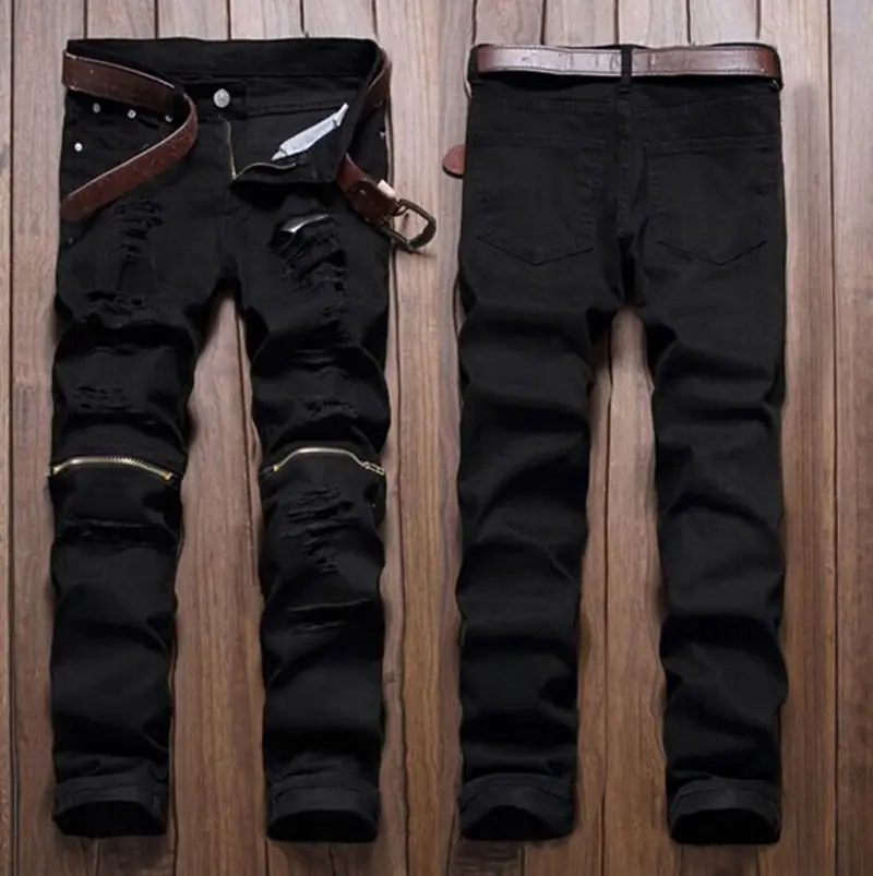 Для мужчин Стильный Рваные джинсы молния Выдалбливают Байкер классические узкие прямые джинсовые брюки