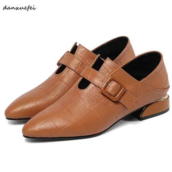 

Plus size 34-42 women's genuine leather metal buckle flats oxfords leisure soft comfortable female comfort summer mules shoes