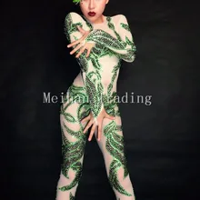 Зеленые кристаллы цветок комбинезон для женщин ночной клуб праздновать комбинезоны сцена Bling Стразы Костюм женский боди для певицы одежда