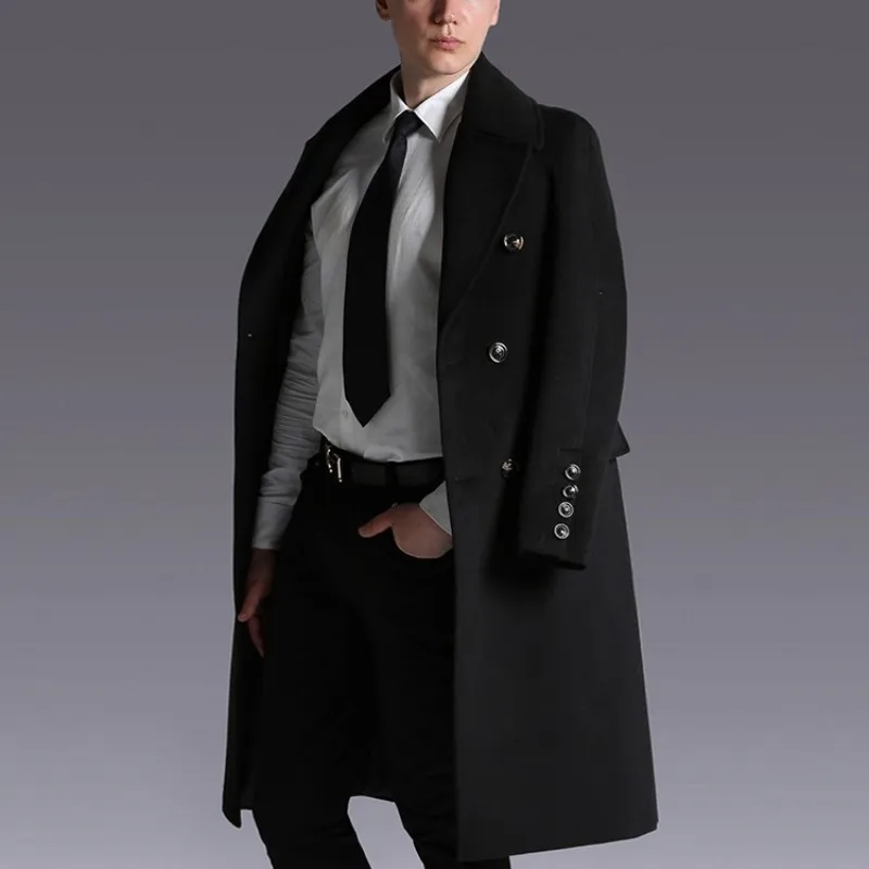 Зимнее мужское шерстяное длинное пальто Erkek Монт с поясом, приталенное двубортное пальто в стиле милитари, большие размеры