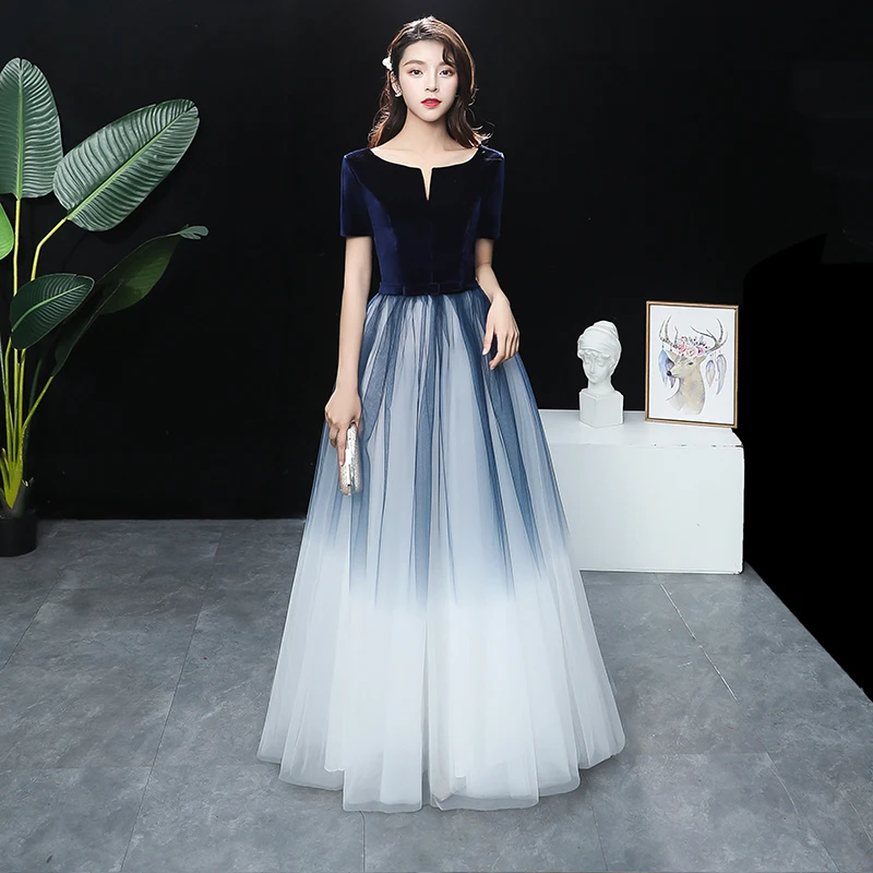 

In Stock Boat Neck Navy Blue Gradation Evening Dresses Long Robe de soiree Abiye gece elbisesi Gown Formal dress Abendkleider