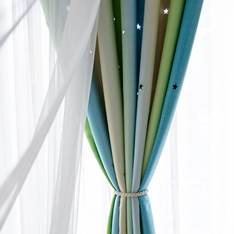 Затемненные шторы для гостиной, полая звезда, занавески для детской комнаты, романтические многоцветные, простроченные тюлевые шторы, M080#30 - Цвет: GreenCloth add Tulle