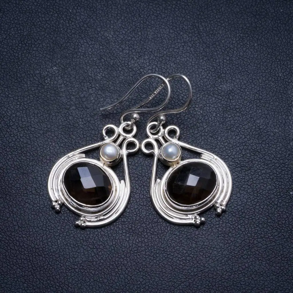 

Natural Smoky Quartz and River Pearl Handmade Unique 925 Sterling Silver Earrings 1.5" X3205