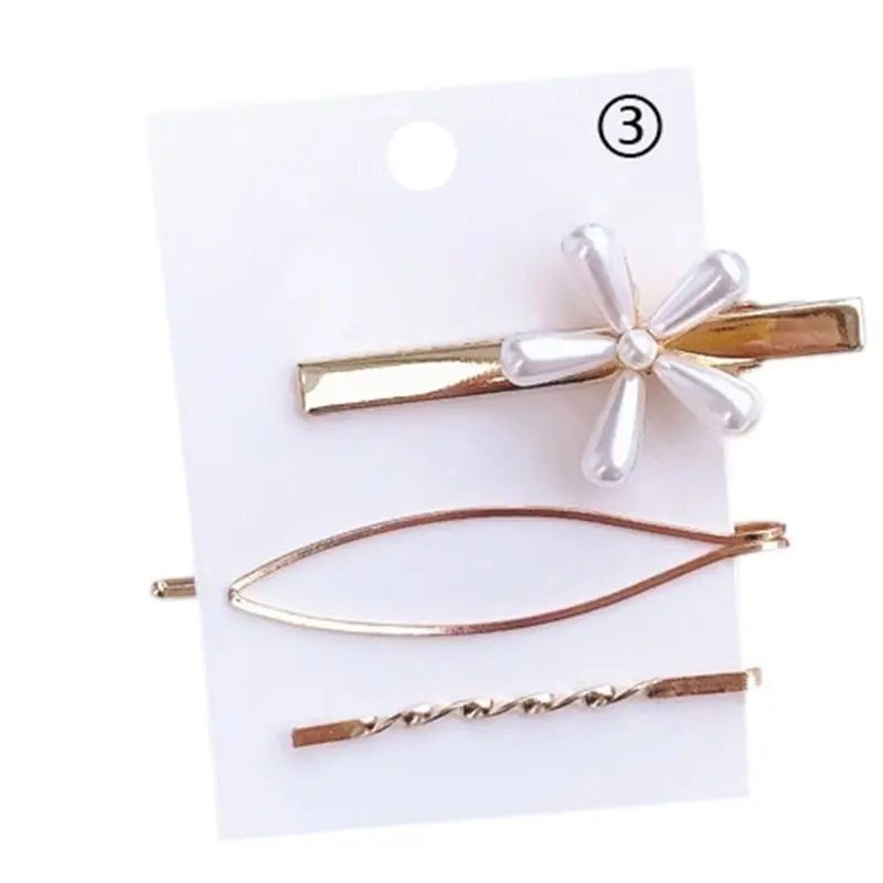 

Minimalist Fashion Metallic Geometric Hairpins Women Girls Imitation Pearl Beaded Hair Clip Side Bangs Styling Barrette 3Pcs/Set