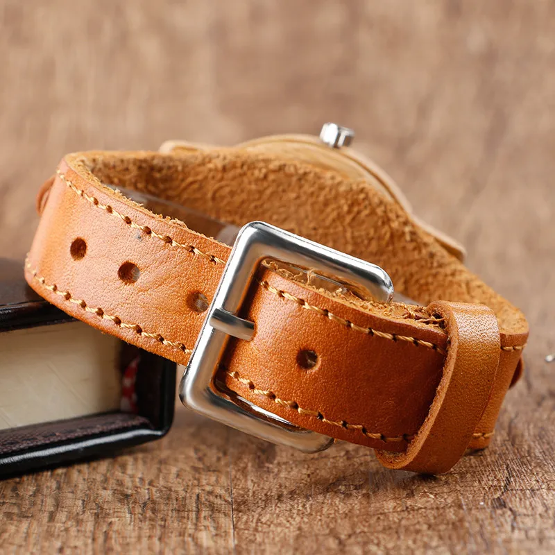 2017 Men's Deer Head Elk Hollow Out Bamboo Wood Casual Watch With Genuine Leather Strap Fashion Casual Wooden Quartz Watches 