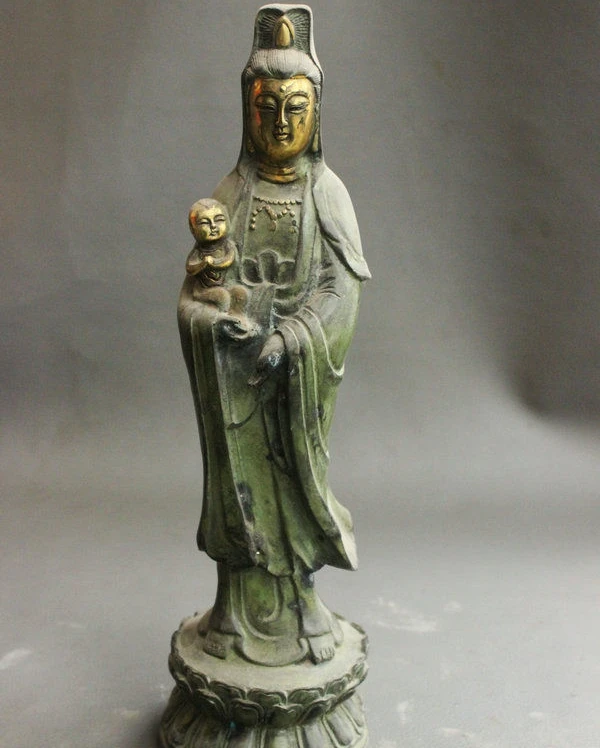 

10" China Buddhism Bronze Gilt Kid Child Lotus Guanyin Kwan-Yin Buddha Statue
