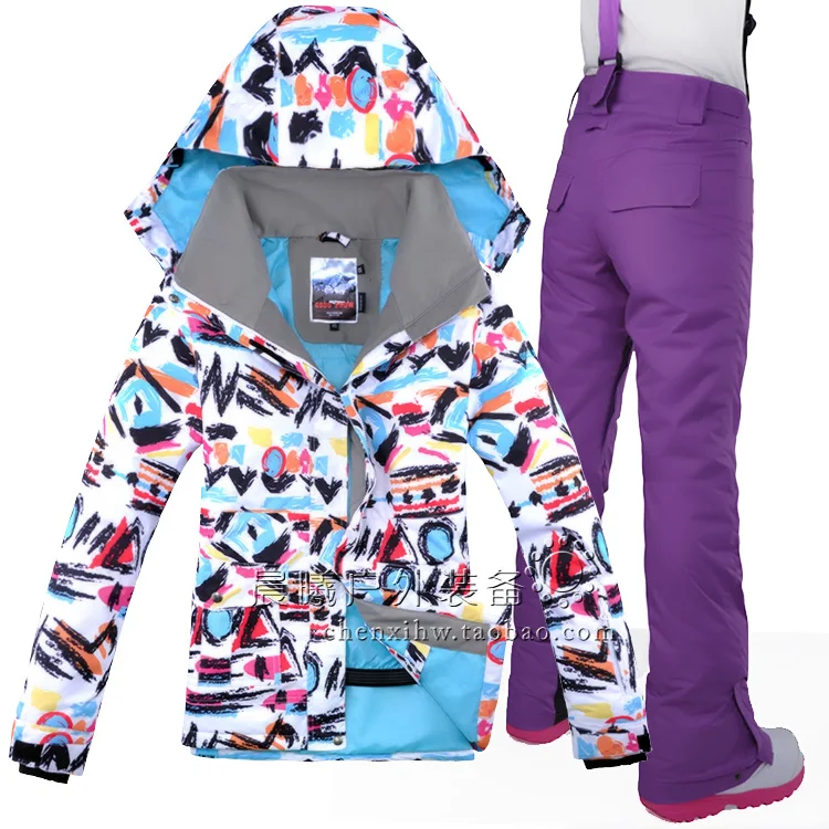 Женская лыжная куртка Gsou Snow Brand+ брюки, дышащий супер теплый лыжный костюм, пальто для сноуборда, брюки, спортивная одежда, Женский костюм с капюшоном