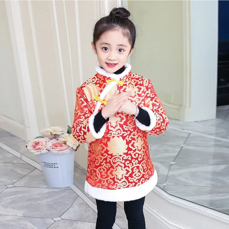 

Long Sleeve Girls Cheongsam Kids Winter Coat Qipao Chinese Dress Baby Cheongsams Thick New Year Clothes Children Qi Pao Chipao