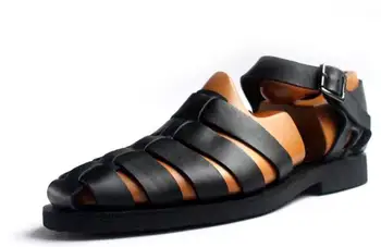 

Classical Style Rome Men Gladiators Cut out Genuine leather Flats Summer Sandals Cozy Beach Shoes Buckle Punk Black Sandalias