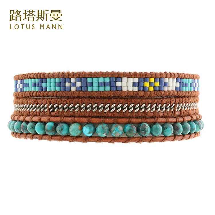 

Lotus Mann Color matching m bead chain steel three times leather cord bracelet 3 color