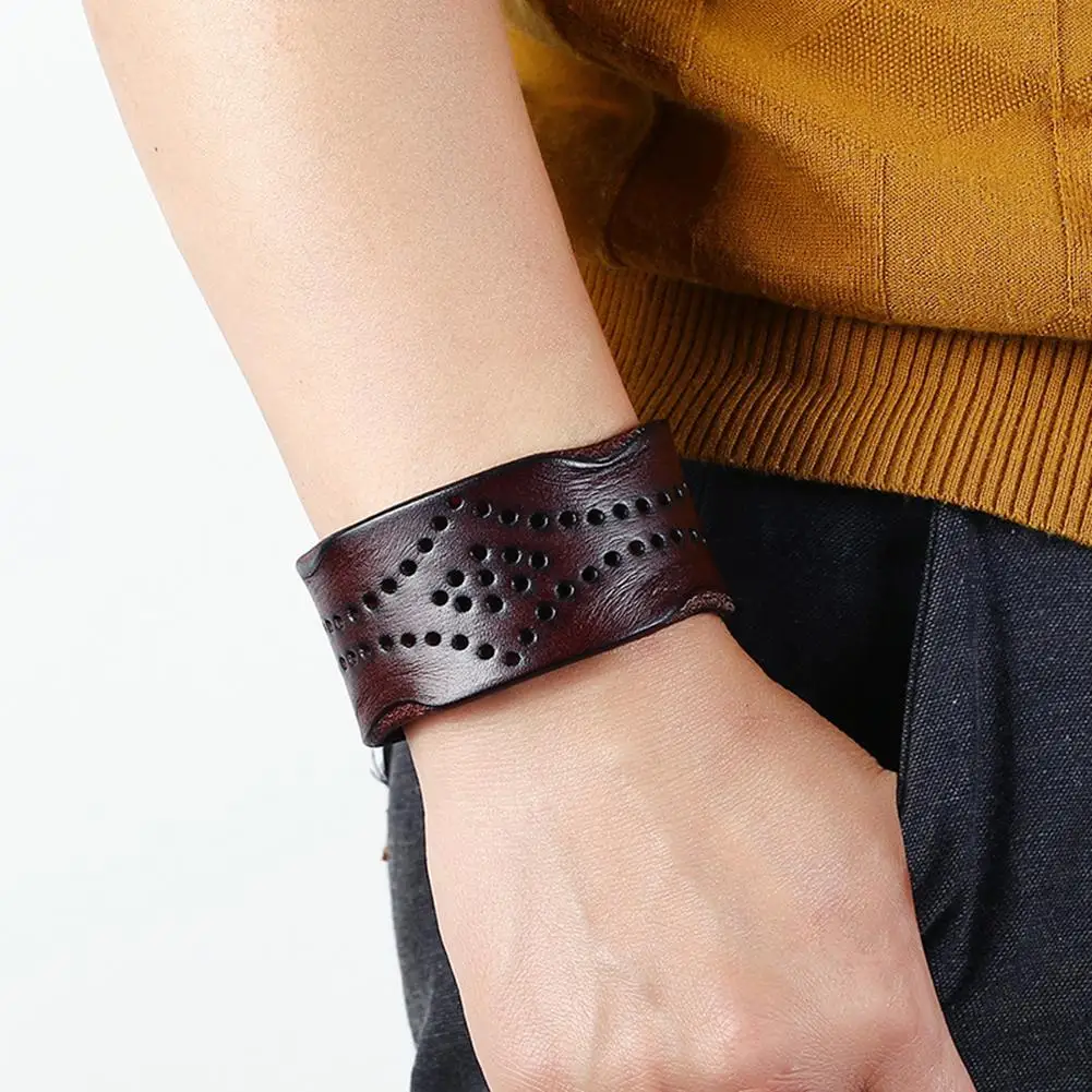 

Man Vintage Hollow Cowhide Bracelet Adjustable Buckle Wide Bangle Wrist Band
