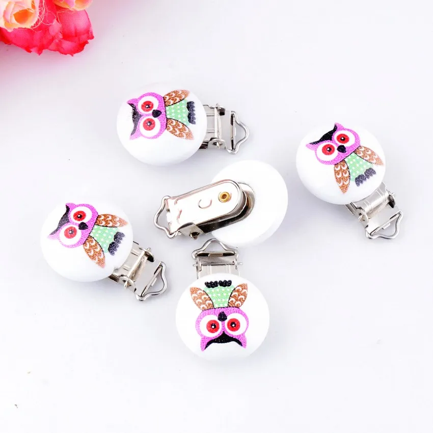 

5PCs Baby Pacifier Clips Mixed Animal Owl Pattern White Wood Metal Holders Cute Infant Soother Clasps Accessories 4.4x2.9cm
