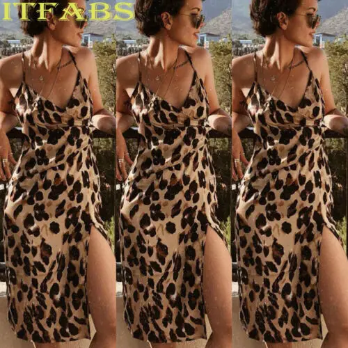 

New Women Sleeveless Wrap Boho Leopard Mini Dress V-neck Slits show sexy legs Ladies Summer Sundress Holiday