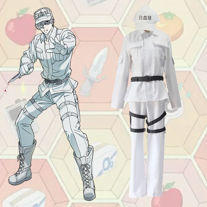 

Cells At Work Cosplay Costume Hataraku Saibou White Blood Cell WBC Lukocyte Uniform Full Set (Tops+Pants+Belt+Hat)